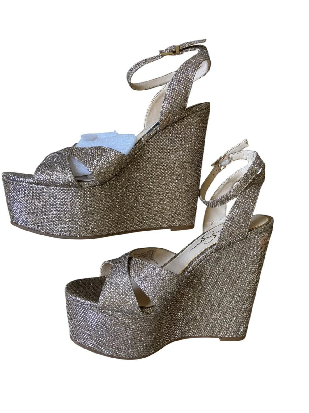 Jessica Simpson Prena Gold Platform Wedge Sandals Size 7 NWOT Glam Cocktail Fun